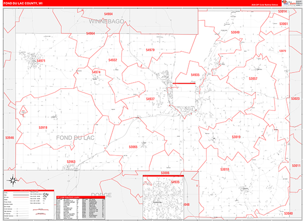 Fond du Lac County, WI Zip Code Wall Map